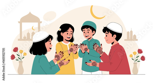 Eid Celebrations With Children And Traditional Henna Designs In Bright Colors