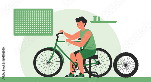 Boy Repairing His Bicycle At Home For Relaxing Leisurely Activity