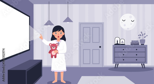 Excited Girl With Teddy Bear Looking At Blank Television Screen At Night