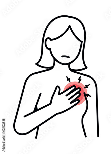 Woman experiencing chest pain with a worried expression