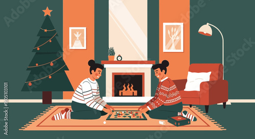 Cozy Christmas Game Night Two Friends Enjoying Board Game by Fireplace