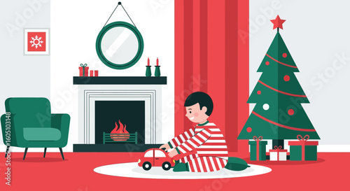 Cozy Christmas Morning Scene With Young Boy Playing Near Decorated Tree