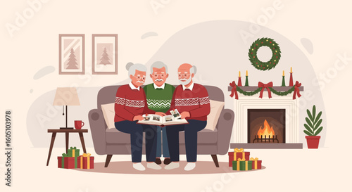 Elderly Friends Enjoying Christmas Memories Looking At Photo Album Together