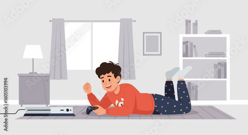 Excited Man Playing Video Games At Home On The Living Room Floor