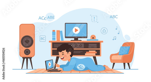 Boy Watching Educational Video on a Laptop While Lying on The Carpet