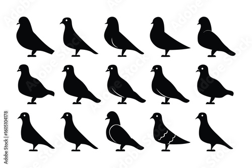 Collection of eight adorable black silhouette cartoon pigs in various playful poses and expressions on a white background