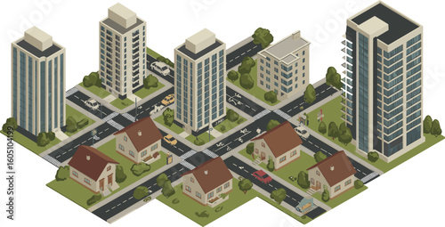 Urban neighborhood with apartment towers and detached homes, parked cars, crosswalks, tree-lined streets, quiet residential block aerial cityscape illustration
