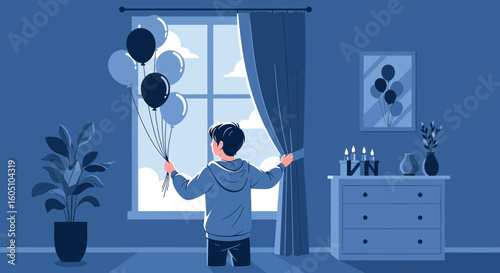 Boy With Balloons Opening Curtains To See The World Outside Home