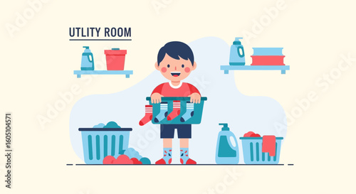 Boy With Laundry Basket Helping With Chores In Utility Room At Home