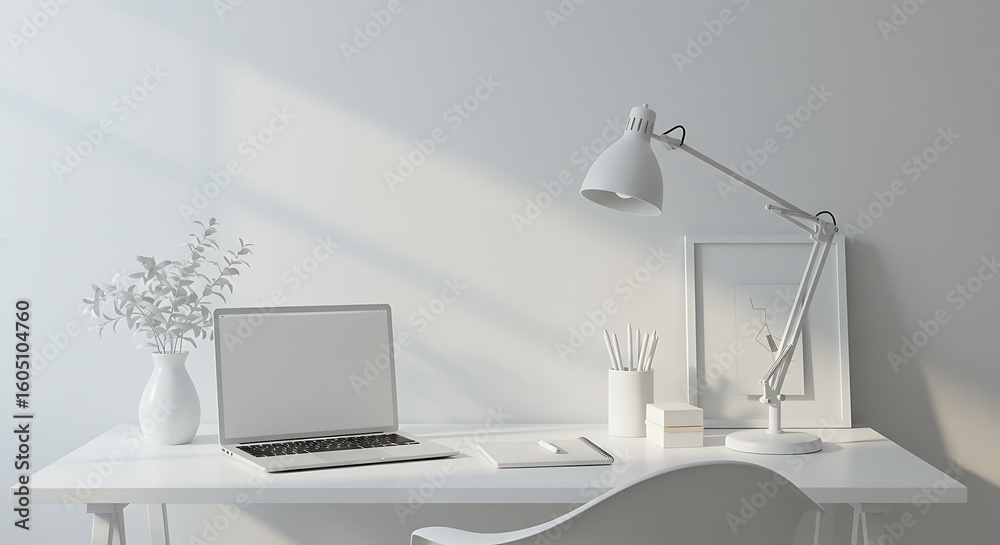 Fototapeta premium Minimalist white home office with a laptop, notepad, stylish lamp, and neutral color tones.