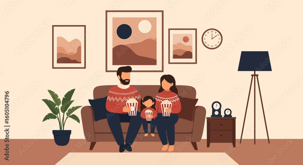 Fototapeta premium Cozy Evening At Home With Family Watching Movie And Eating Popcorn
