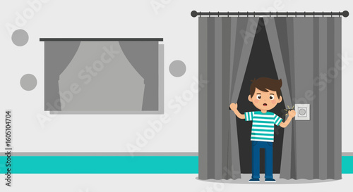 Boy's Discovery: Encountering An Exposed Electrical Outlet Behind Closed Drapes