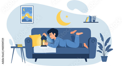 Cozy Evening At Home With A Boy Relaxing With A Lantern On The Couch