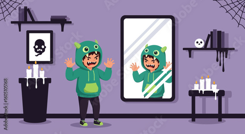 Excited Young Boy Dressed Up As A Halloween Monster Costume In Front Of A Mirror