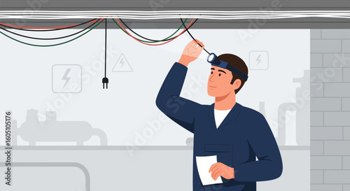 Electrical Worker Inspecting Wiring With A Headlamp And Taking Notes Indoors