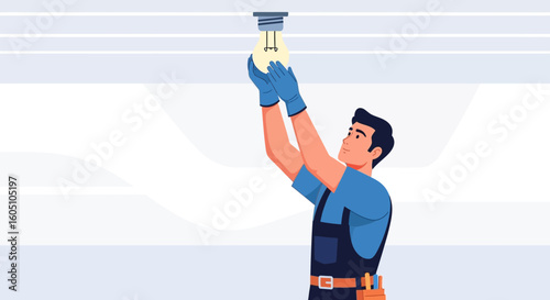 Electrician Changes Light Bulb For House Maintenance And Energy Saving