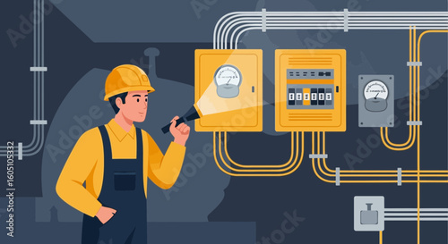 Electrician Inspecting Electrical Panel With Flashlight For Safety Measures