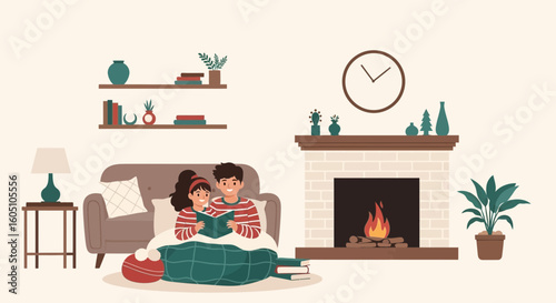 Cozy Evening Reading Beside Fireplace Couple Enjoying Winter Season Together