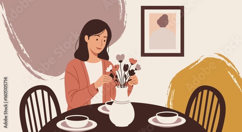Calm Woman Arranging Flowers At Home In A Cozy And Artistic Ambiance