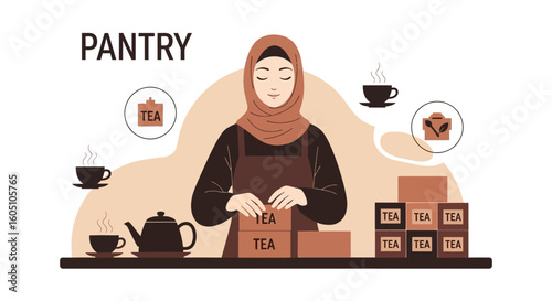 Calm Arab Woman Preparing Tea Boxes In Her Pantry For Small Business