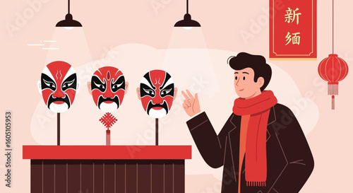 Captivating Display Of Vibrant Peking Opera Masks And Young Man Observing Them