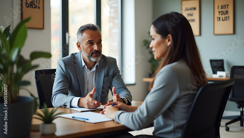 Manager giving feedback to an employee in a corporate office