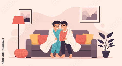 Cozy Evening Two Men Snuggled Under Blanket On Sofa At Home