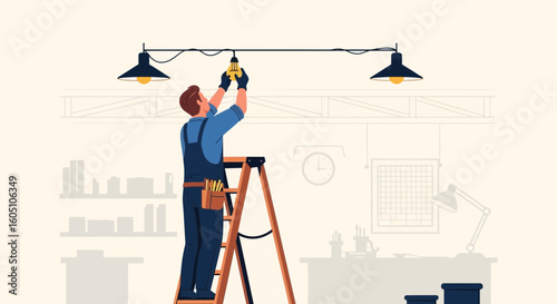 Electrician Replacing Lightbulb On Ladder In Workshop Energy Efficiency Concept