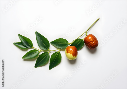 Indian jujube boroi fruit on branch with green leaves