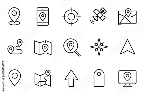 Map, pin, route, compass, satellite, navigation, and location icon set for GPS and travel design