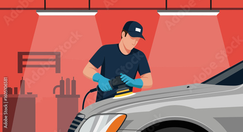 Car Detailer Polishing Automobile In Workshop With Professional Power Tool