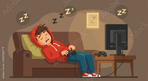 Exhausted Young Gamer Asleep on Couch After Long Gaming Session Cartoon
