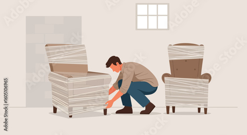 Careful Wrapping Old Armchairs for Secure Storage or Relocation Concept