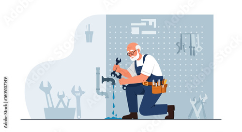 Experienced Plumber Fixing Leaky Pipe with Wrench in Repair Service Situation