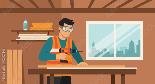 Carpenter At Work Constructing Wood In Workshop Wearing Safety Vest And Goggles