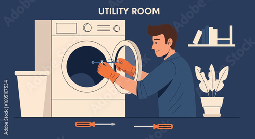 Expert Technician Fixing Appliance in Utility Room For Home Maintenance