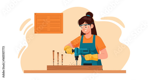 Carpenter Woman Skillfully Drilling Wood With Electric Drill Constructing DIY Project