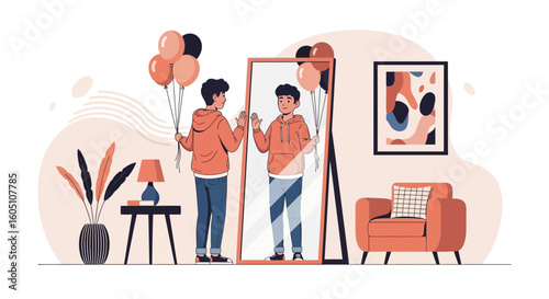 Exploring Inner Self Portrait of a Young Man With Balloons Near a Mirror