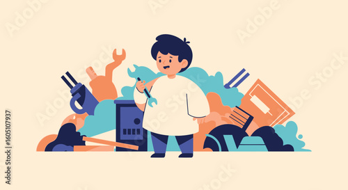 Cartoon Boy Mechanic Surrounded By Various Tools Showing His Profession