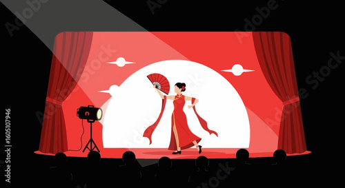 Elegant Dancer Performing Onstage With Traditional Fan Under Spotlight