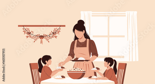 Faceless Mother Serving Meal To Her Daughters At Home Table Illustration