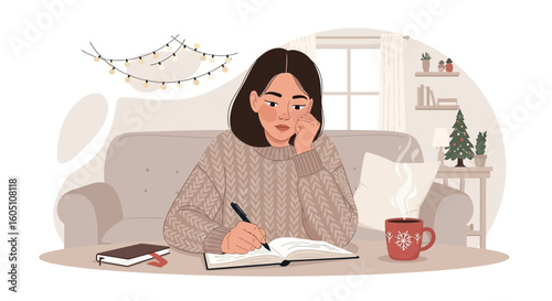 Cozy Holiday Reflection Young Woman Journaling In A Warm Festive Setting