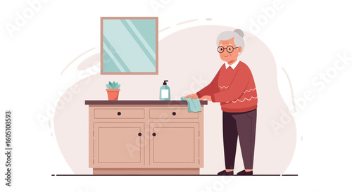 Cartoon Illustration Of An Elderly Woman Cleaning A Cabinet Surface Area