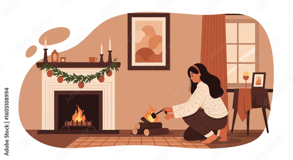 Fototapeta premium Cozy Indoor Scene Featuring Fireplace And Woman Lighting A Fire Log Pile