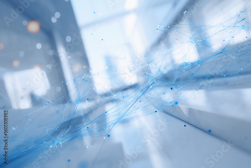 Blue glowing connection network in a modern white office building. Abstract global business data and digital communication.