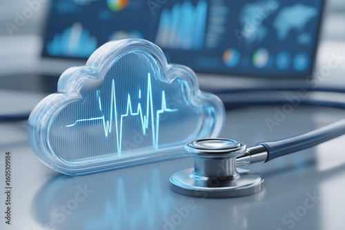 Glass cloud with heart rate display and stethoscope. Medical record management with digital data storage. Healthcare and telemedicine concept for smart health analysis