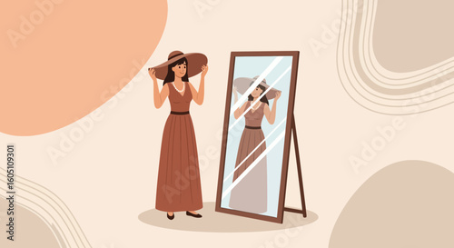 Elegant Lady Admiring Herself In The Mirror With Beautiful Hat And Dress