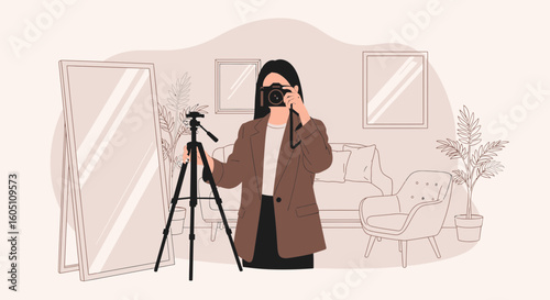Elegant Lifestyle Influencer Capturing Content Indoors With Minimalist Decoration