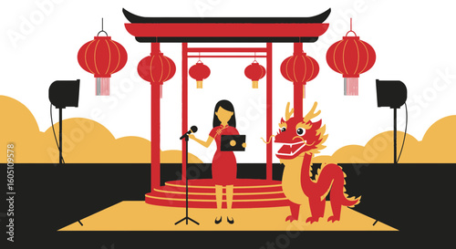 Elegant Lunar Year Celebration: Stage with Woman, Dragon and Traditional Decor