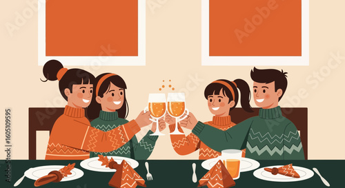 Family Celebrates Holiday With a Festive Dinner And Sparkling Beverage Together